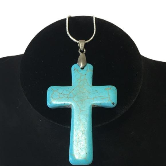 Turq & Silver Cross on 22 in Sterling Silver chain - Picture 3 of 3